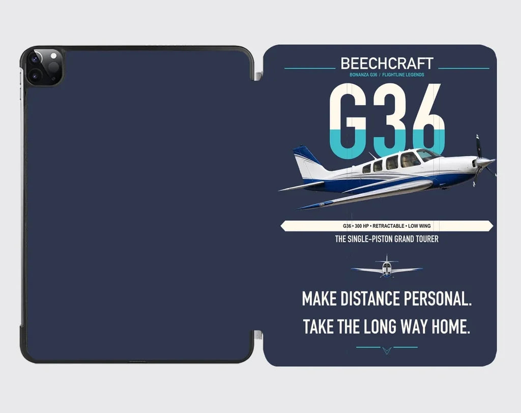 Beechcraft Bonanza G36 design on navy blue ipad tablet case