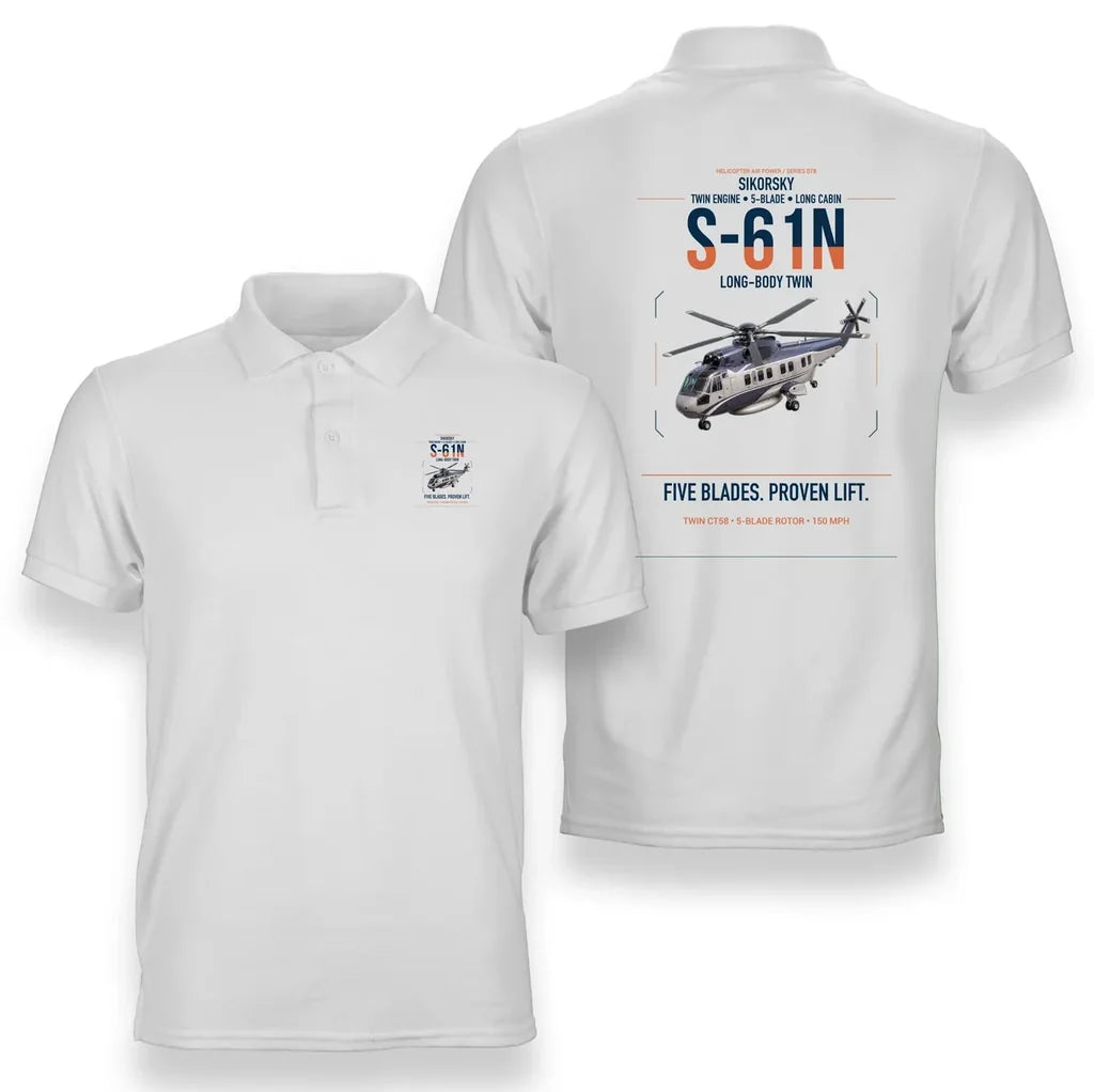 Sikorsky S-61N design on white double-side polo t-shirt, double-side print