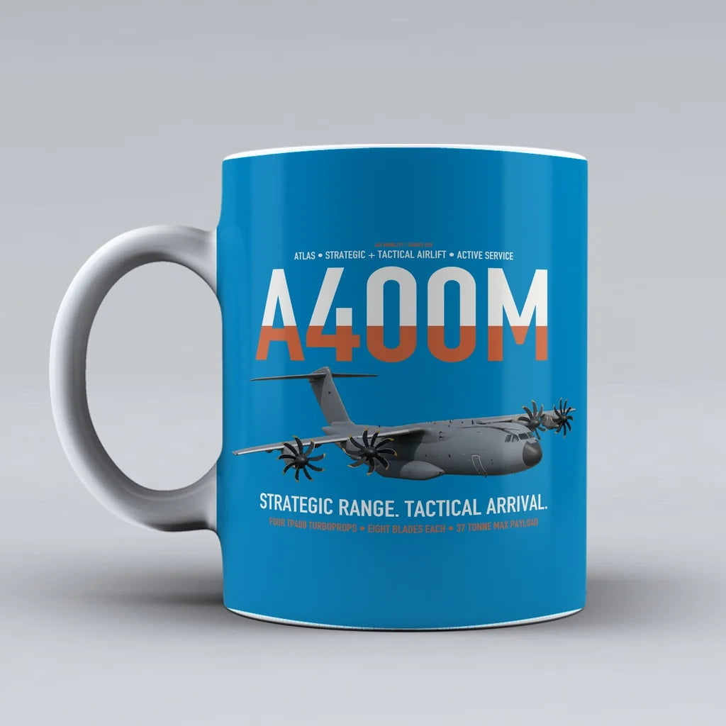 Airbus A400M Atlas design on turquoise ceramic mug, double-side print