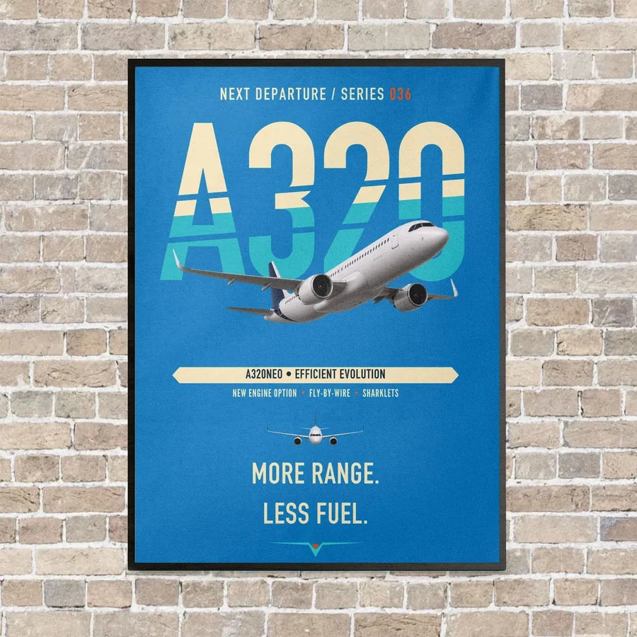 Airbus A320neo vertical canvas print - framed - turquoise background