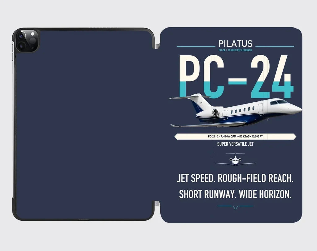 Pilatus PC-24 design on navy blue ipad tablet case
