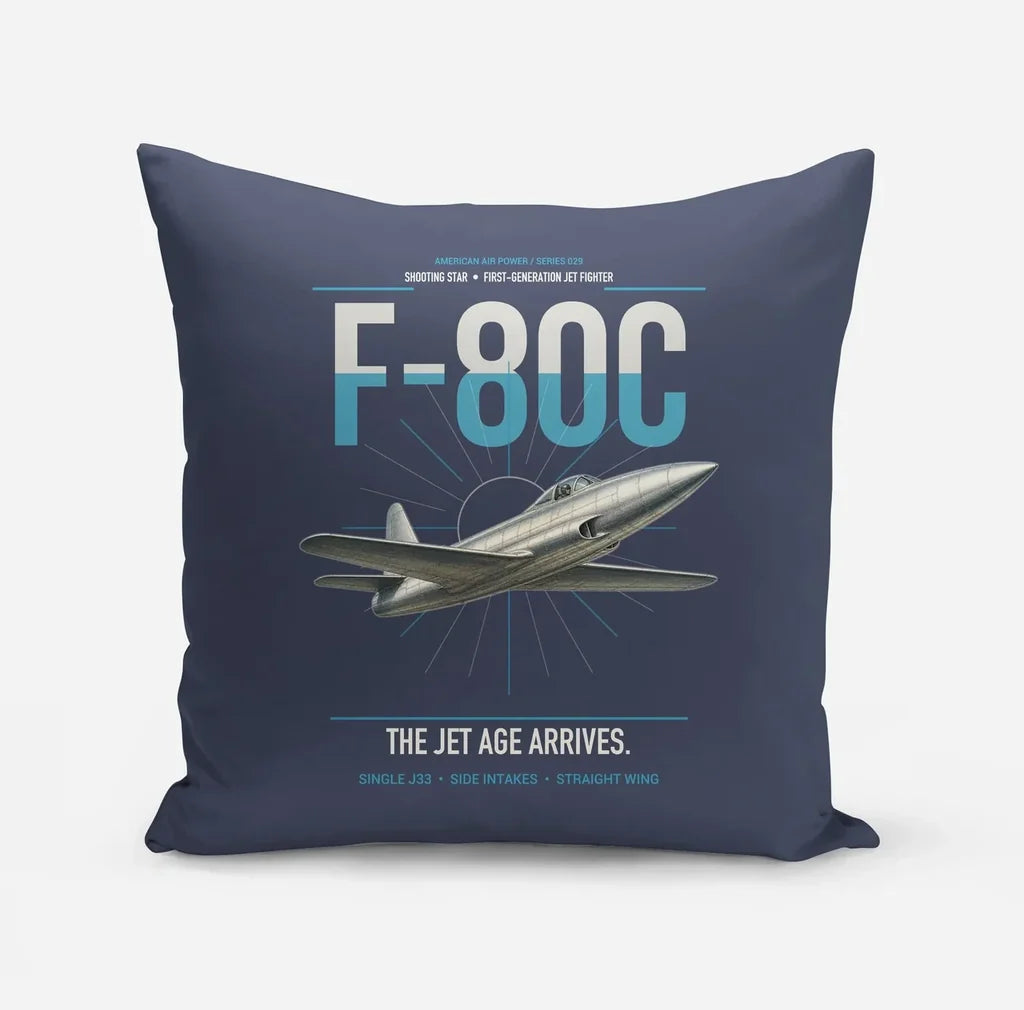 F-80C Shooting Star design on navy blue pillow