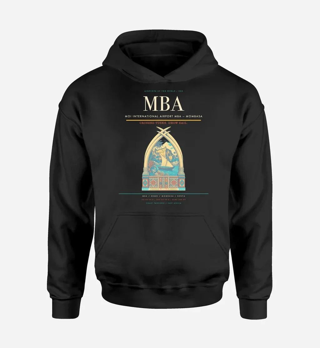 Moi International Airport (MBA) design on black hoodie single-side print