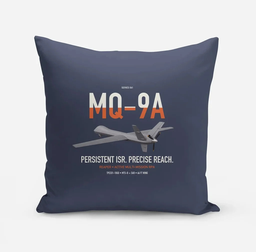 MQ-9A Reaper design on navy blue pillow