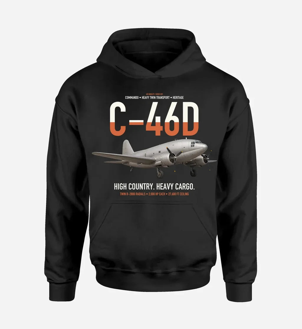 C-46D Commando design on black double-side hoodie, single-side print