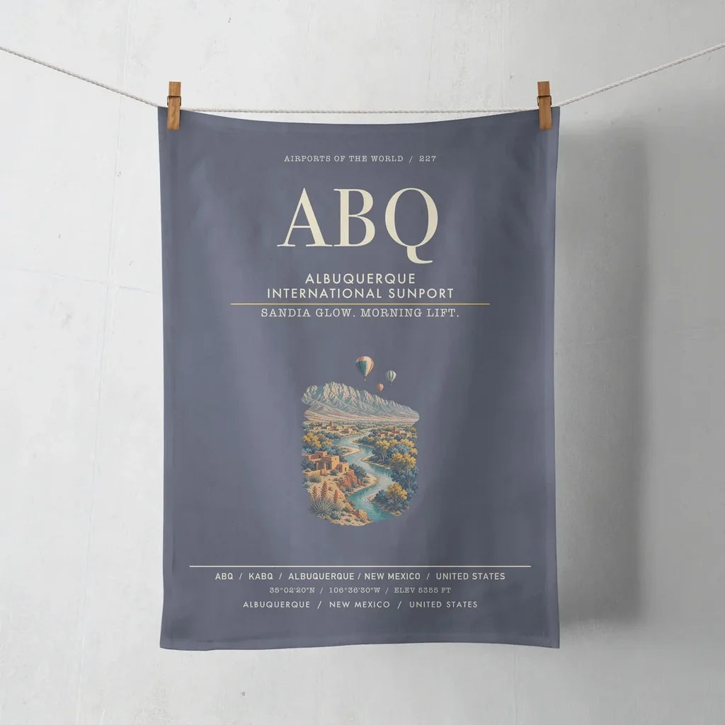 Albuquerque International Sunport (ABQ) design on navy blue towel