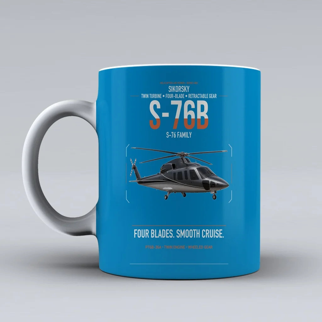 Sikorsky S-76B design on turquoise ceramic mug, double-side print