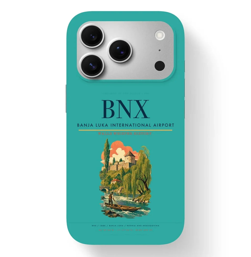 Banja Luka Airport (BNX) design on turquoise iPhone 17 Pro MagSafe case