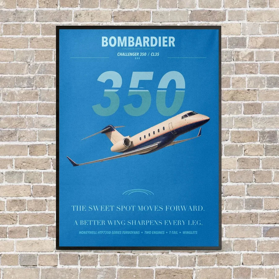 Bombardier Challenger 350 vertical canvas print - framed - turquoise background