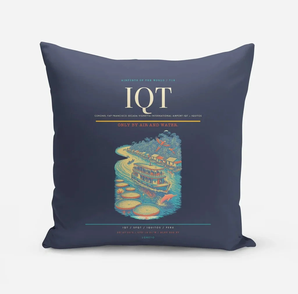 Coronel FAP Francisco Secada Vignetta International Airport (IQT) design on navy blue pillow