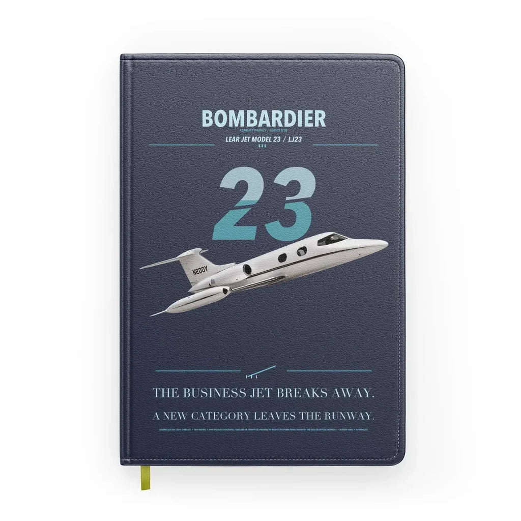 Bombardier Learjet 23 design on navy blue notebook