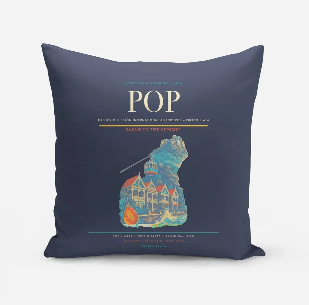 Gregorio Luperón International Airport (POP) design on navy blue pillow