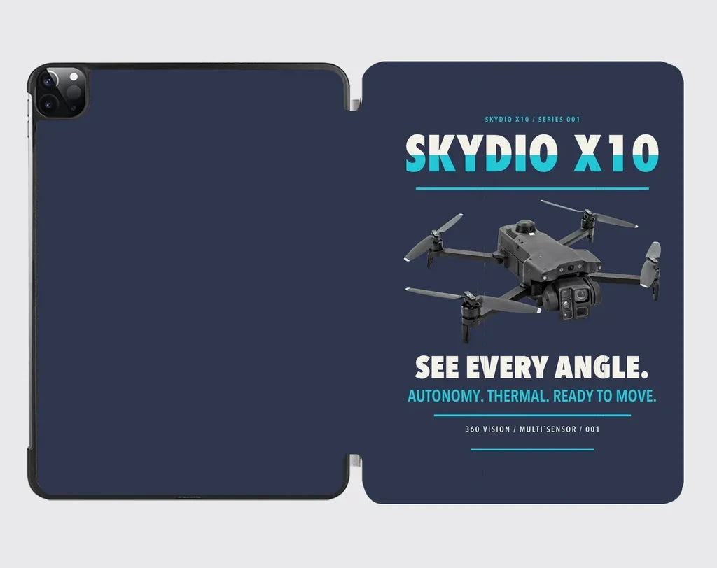 Skydio X10 design on navy blue ipad tablet case