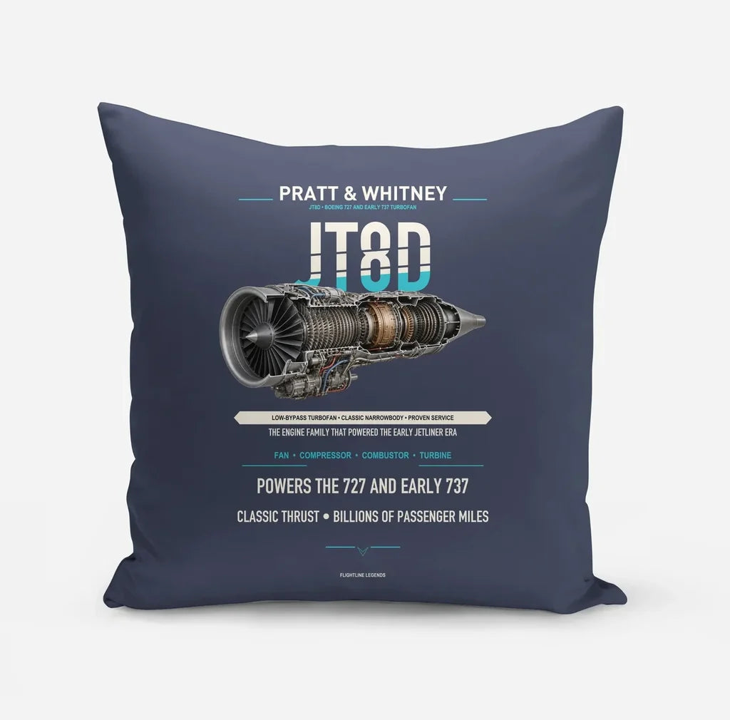 JT8D design on navy blue pillow