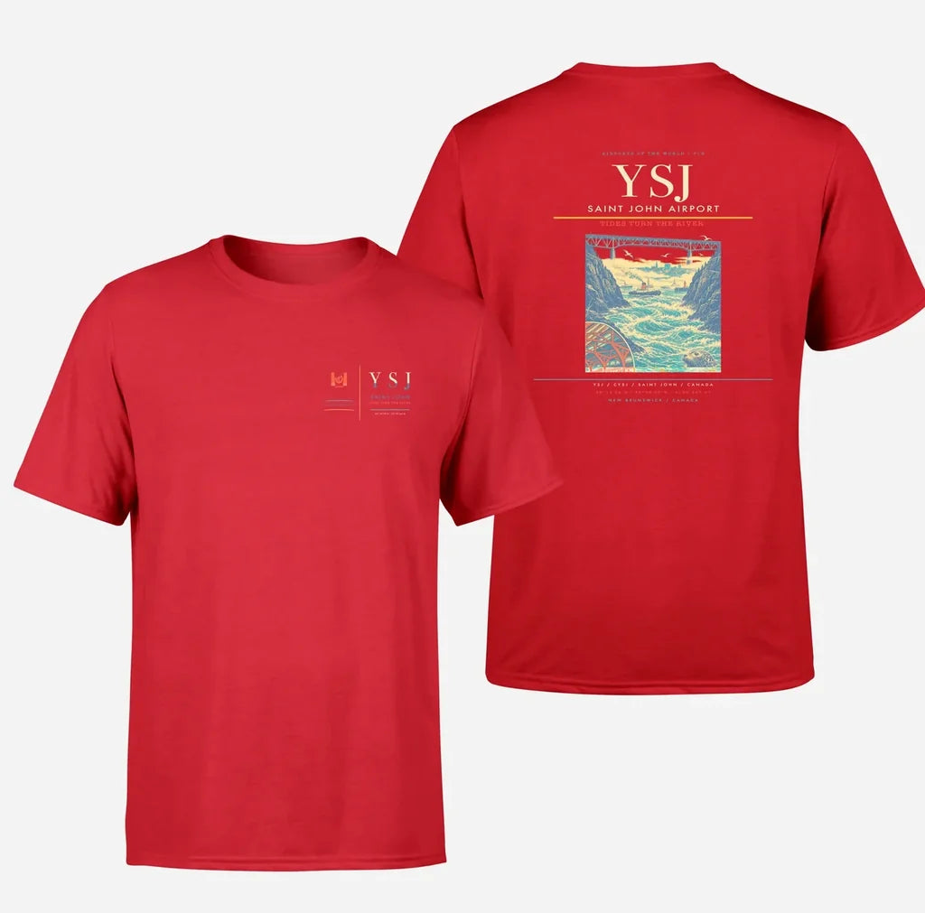 Saint John Airport (YSJ) design printed on red double-side t-shirt