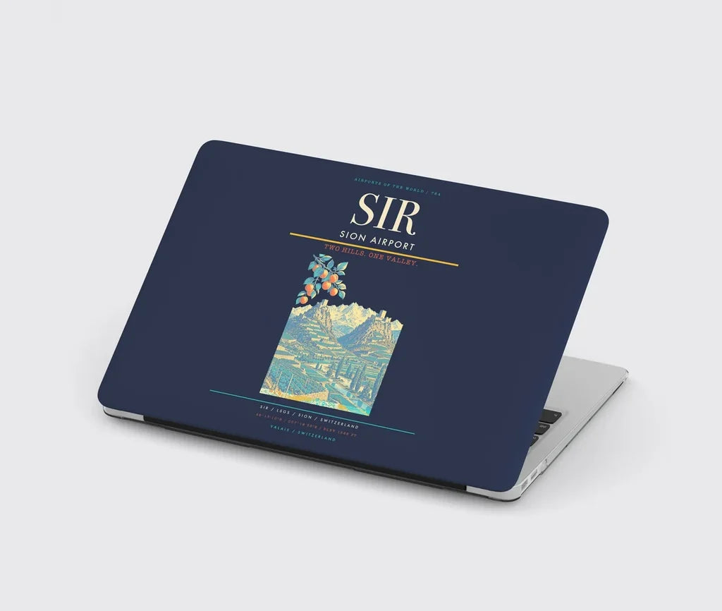 Sion Airport (SIR) design on navy blue MacBook case