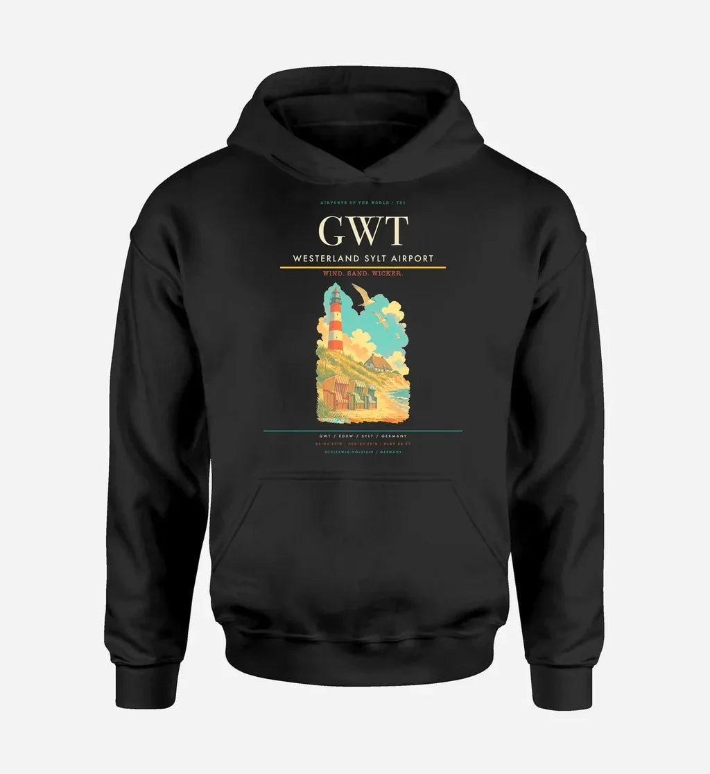 Westerland Sylt Airport (GWT) design on black hoodie single-side print