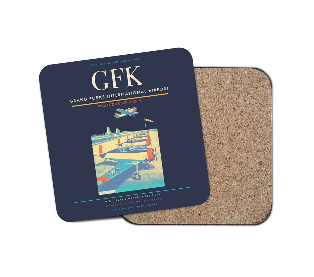 Grand Forks International Airport (GFK) design on navy blue 1 piece coaster