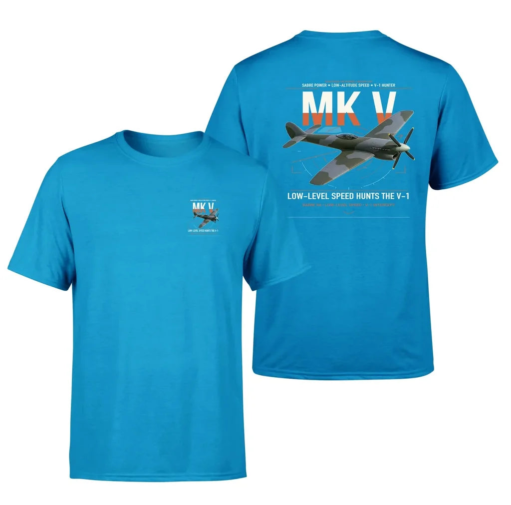 Hawker Tempest Mk V design on turquoise t-shirt, double-side print