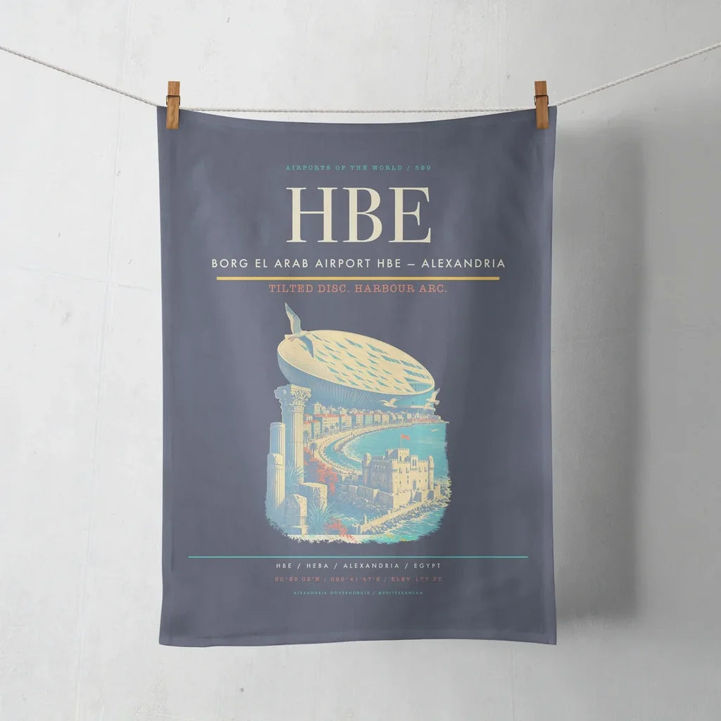Borg El Arab Airport (HBE) design on navy blue towel