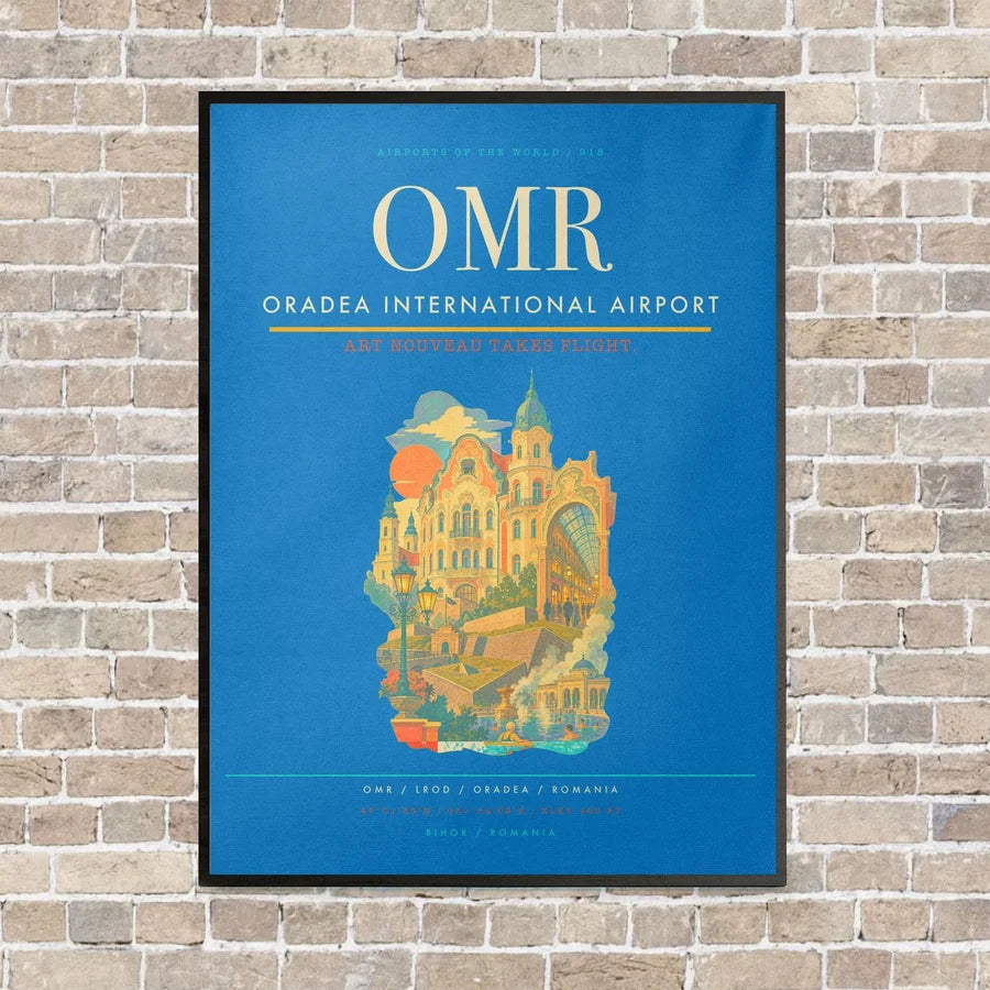 Oradea International Airport OMR vertical canvas print - framed - turquoise background