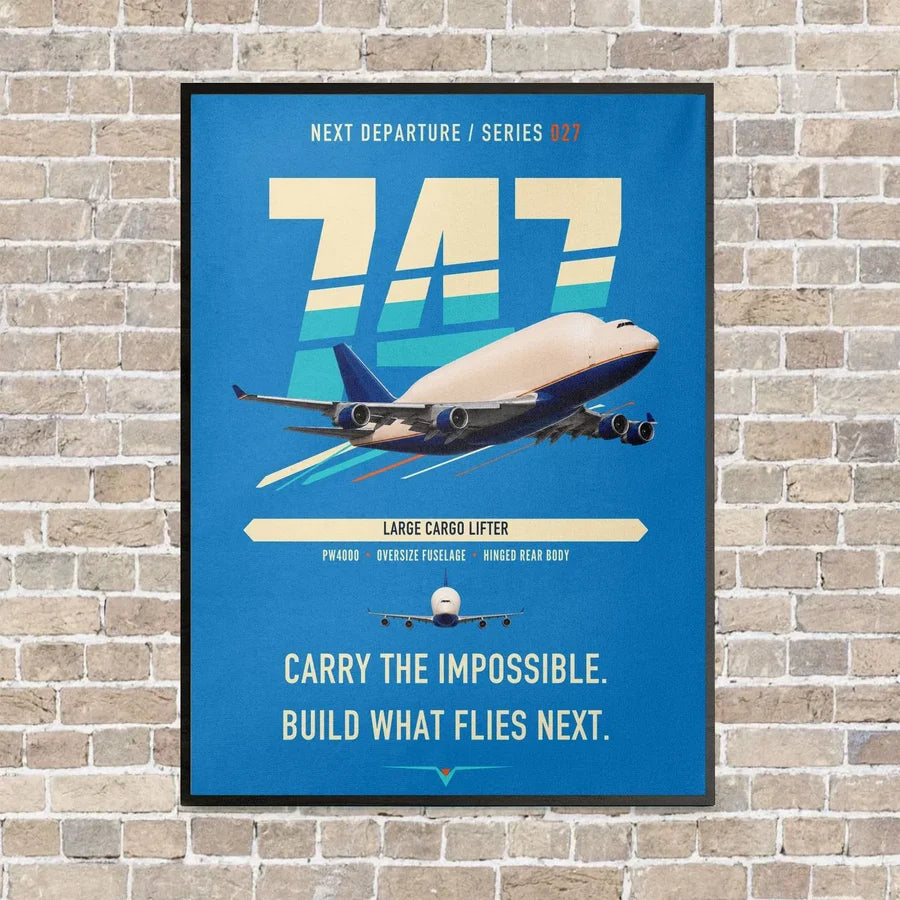 Boeing 747-400 Dreamlifter vertical canvas print - framed - turquoise background