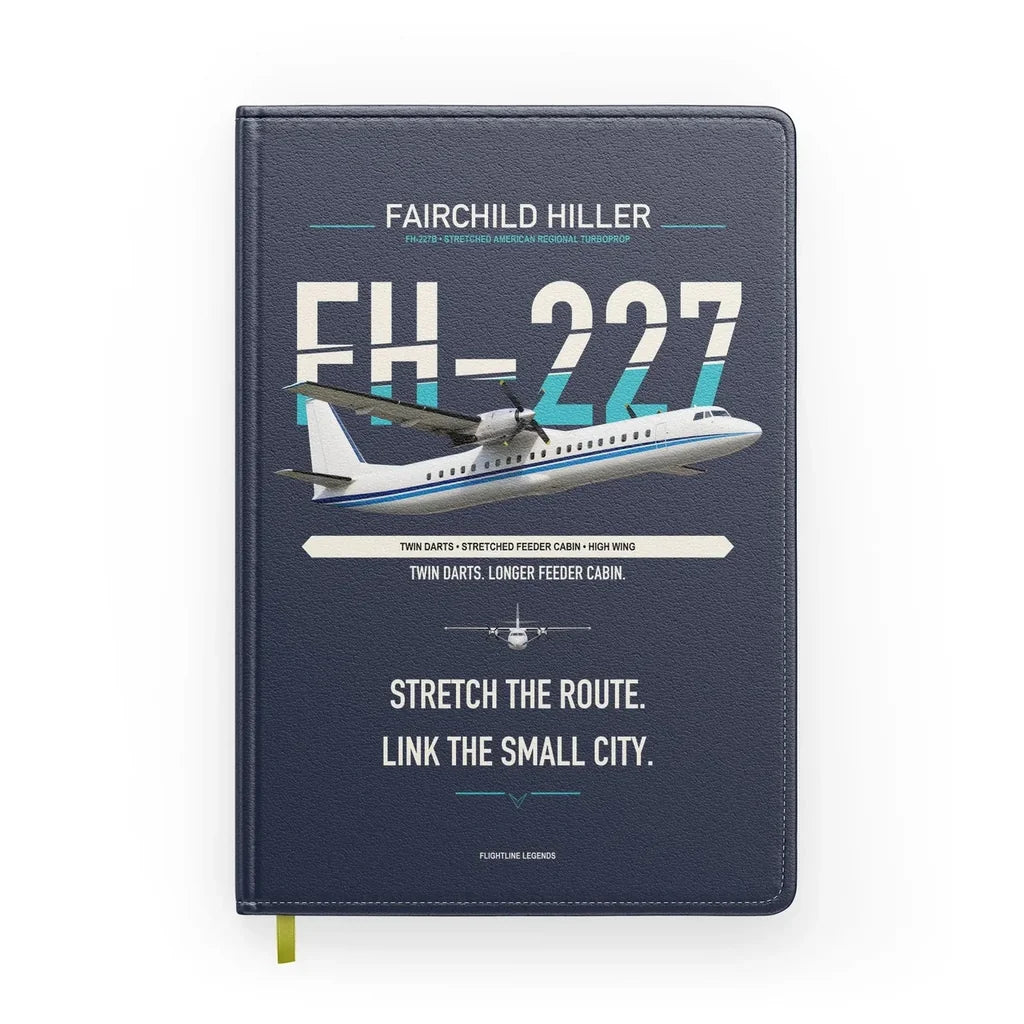 Fairchild Hiller FH-227B design on navy blue notebook