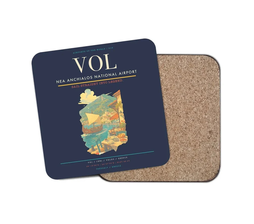 Nea Anchialos National Airport (VOL) design on navy blue 1 piece coaster