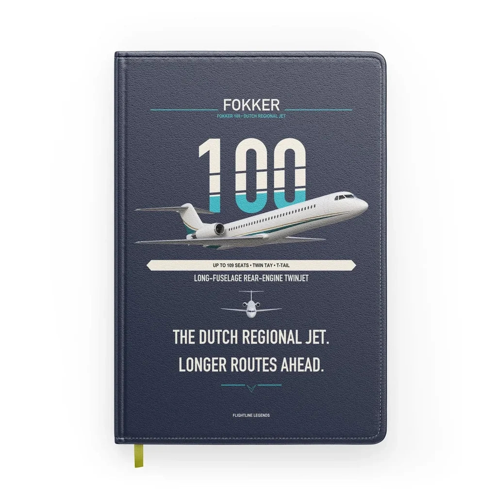 Fokker 100 design on navy blue notebook