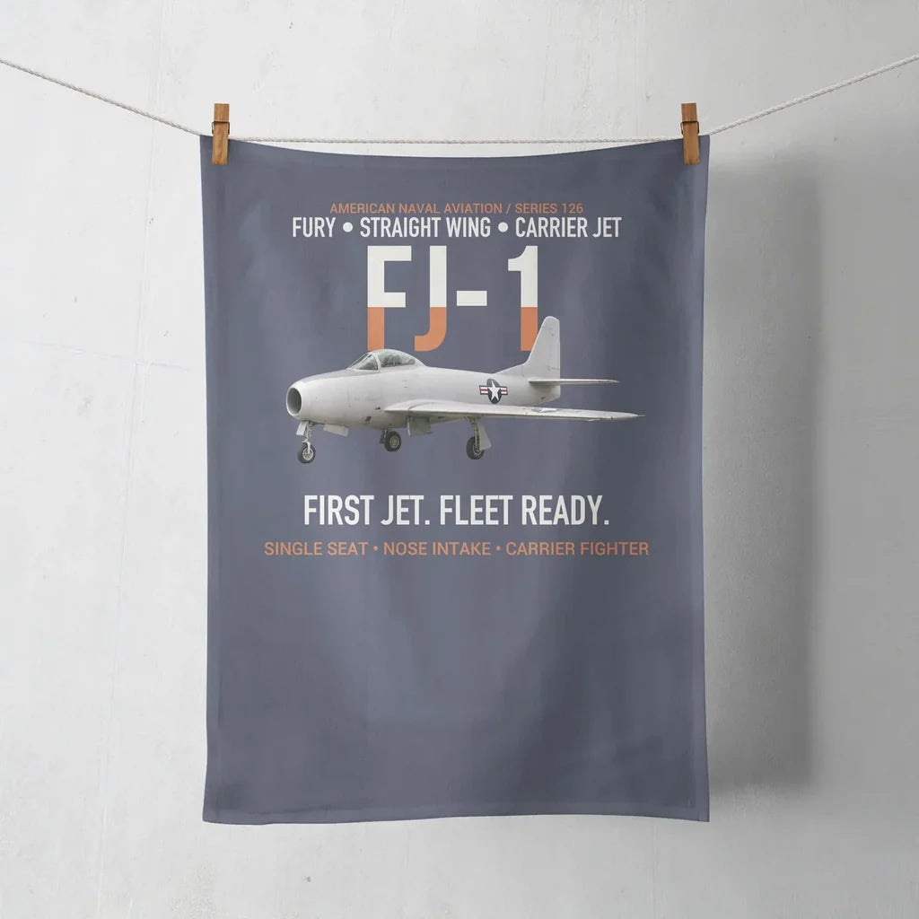 FJ-1 Fury First Fury Straight Wing design on navy blue towel