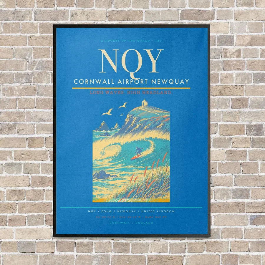 Cornwall Airport Newquay NQY vertical canvas print - framed - turquoise background