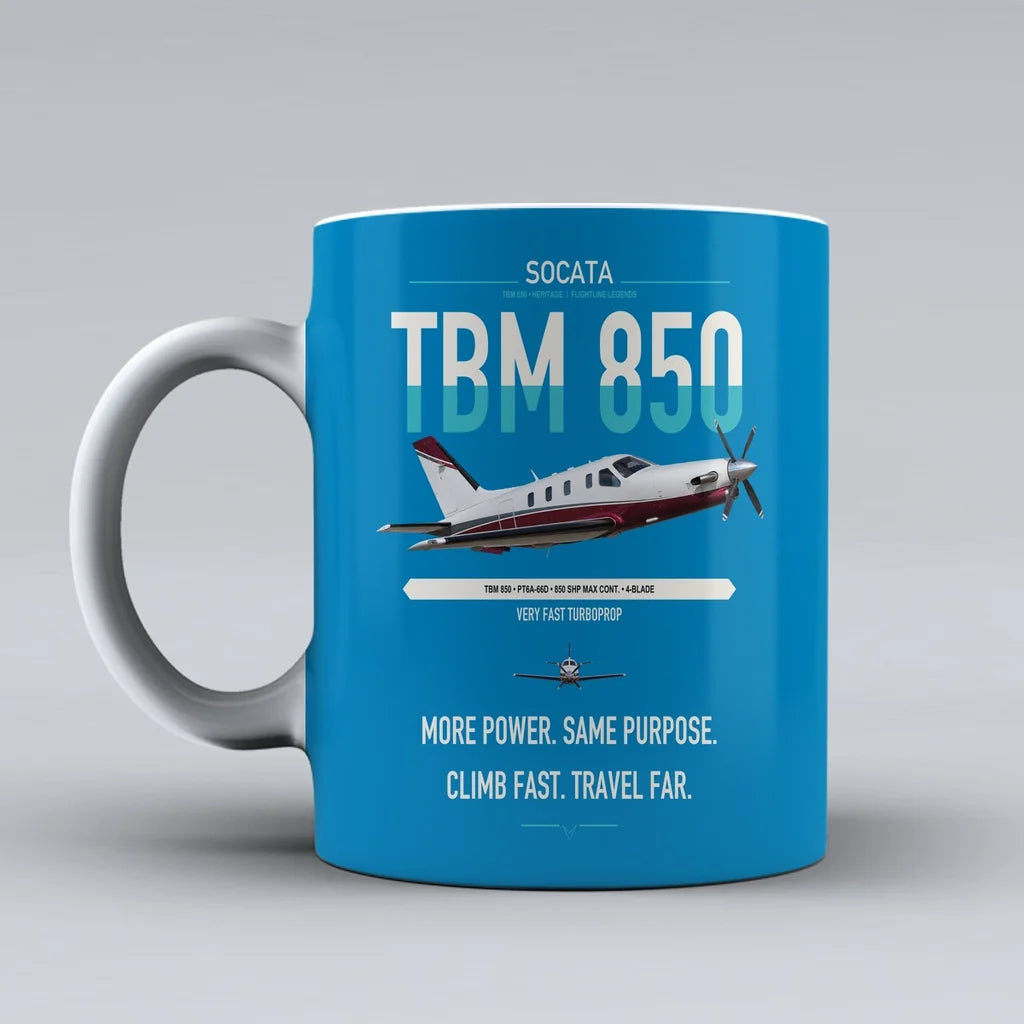 Socata TBM 850 design on turquoise ceramic mug, double-side print