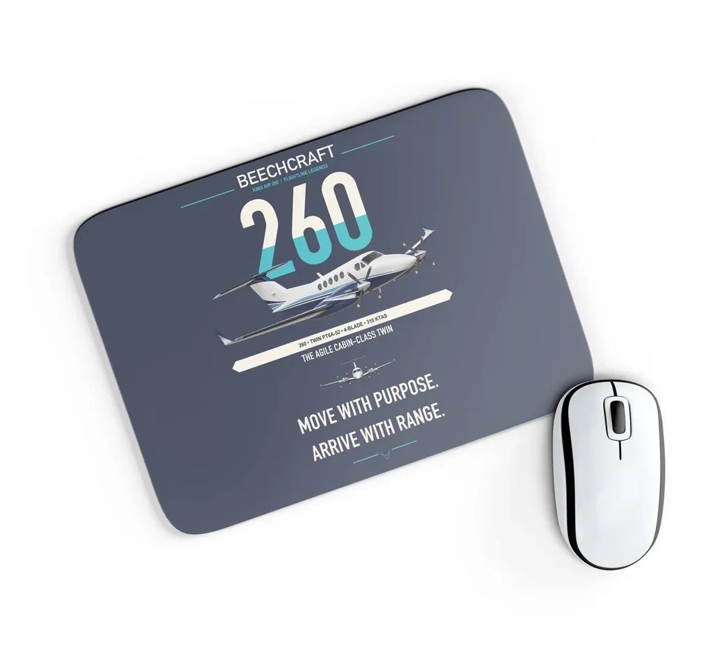 Beechcraft King Air 260 design on navy blue rectangle mouse pad