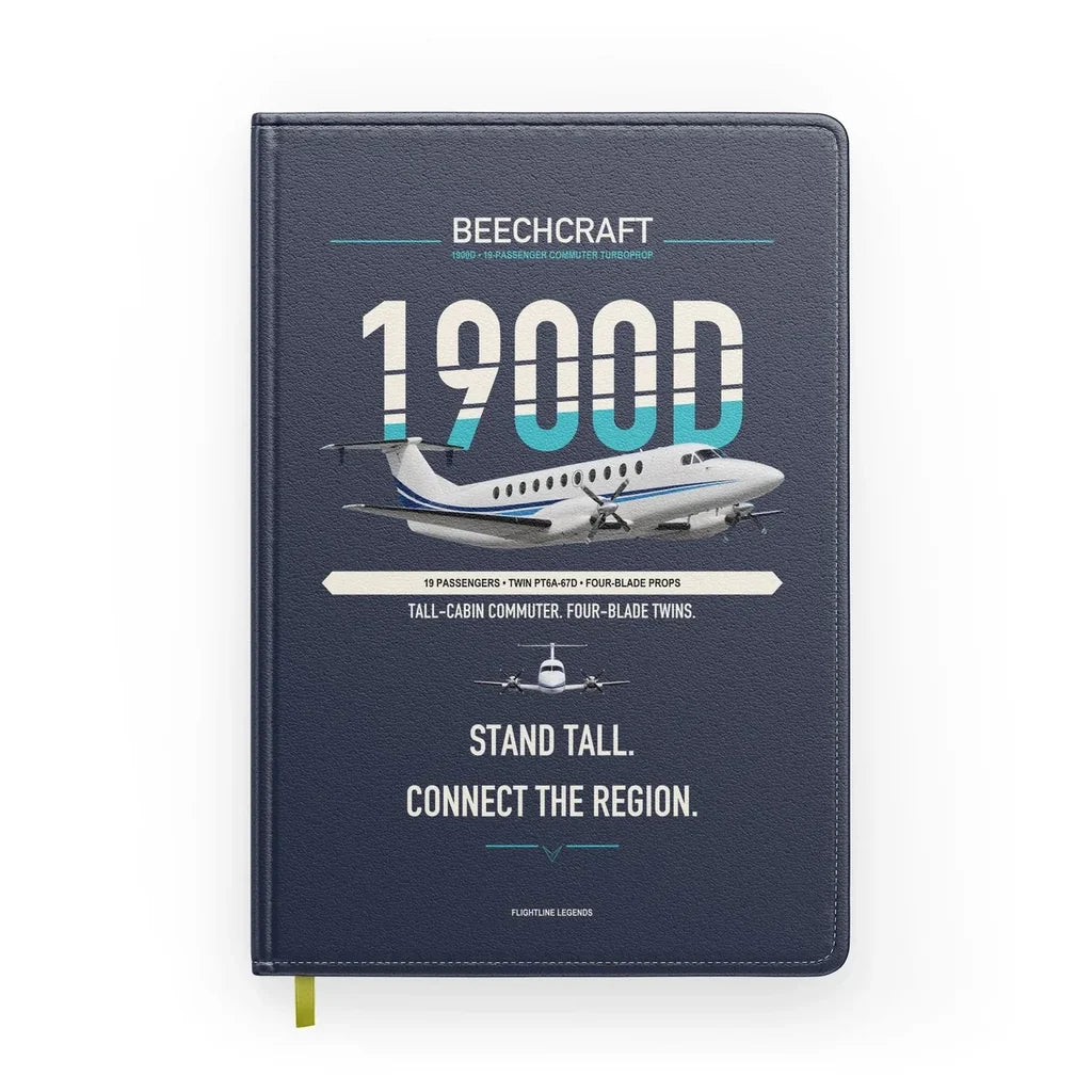Beechcraft 1900D design on navy blue notebook