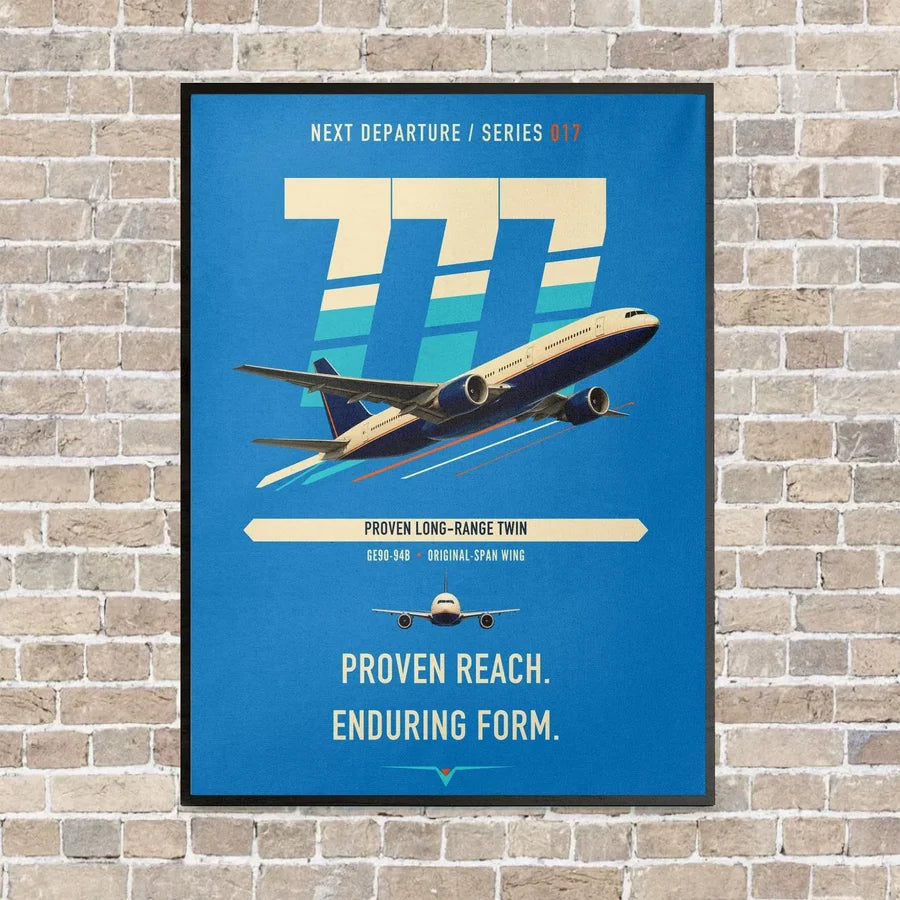 Boeing 777-200ER vertical canvas print - framed - turquoise background