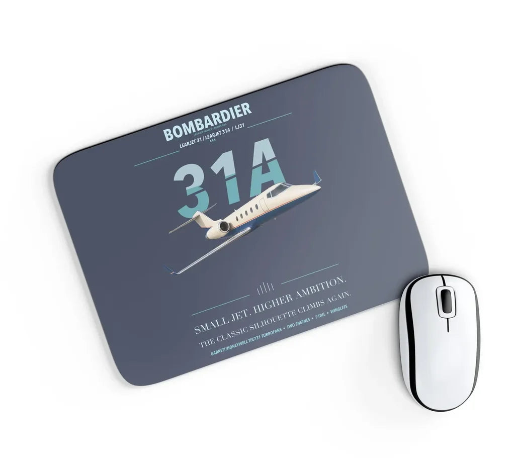 Bombardier Learjet 31A design on navy blue rectangle mouse pad