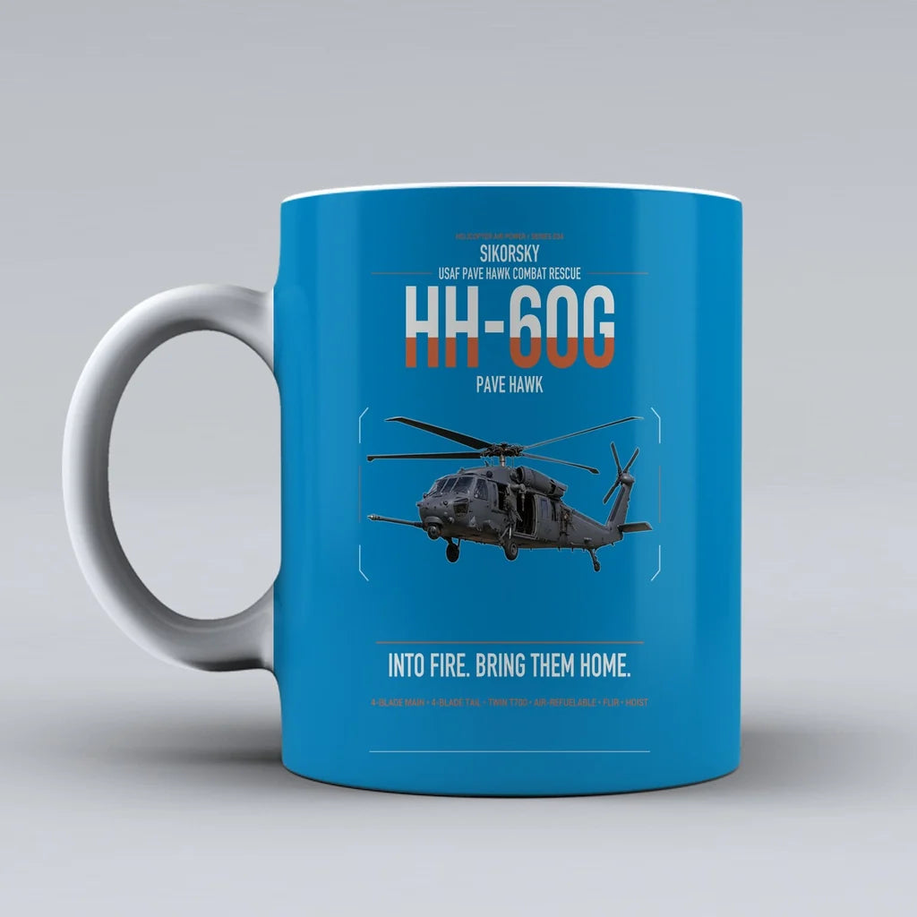Sikorsky HH-60G Pave Hawk design on turquoise ceramic mug, double-side print