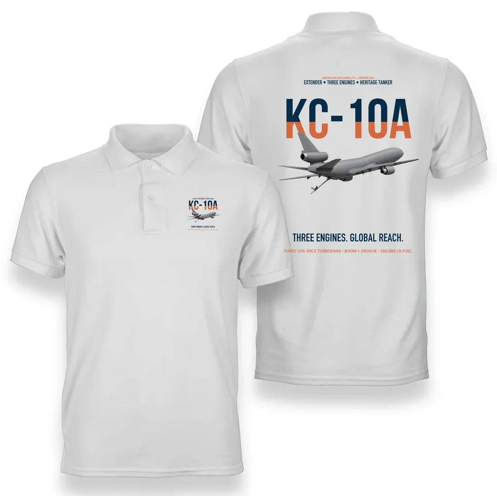 KC-10A EXTENDER design on white double-side polo t-shirt, double-side print