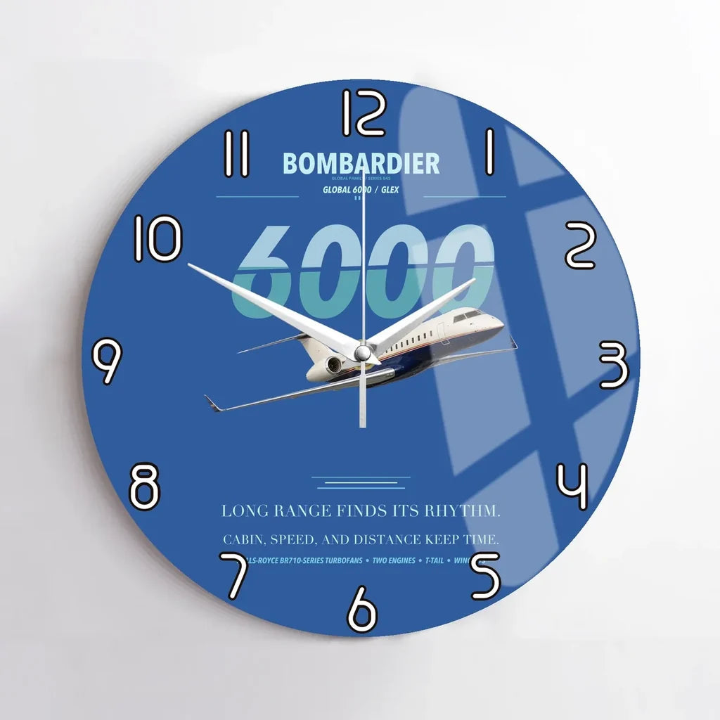 Bombardier Global 6000 design on blue no frame wall clock