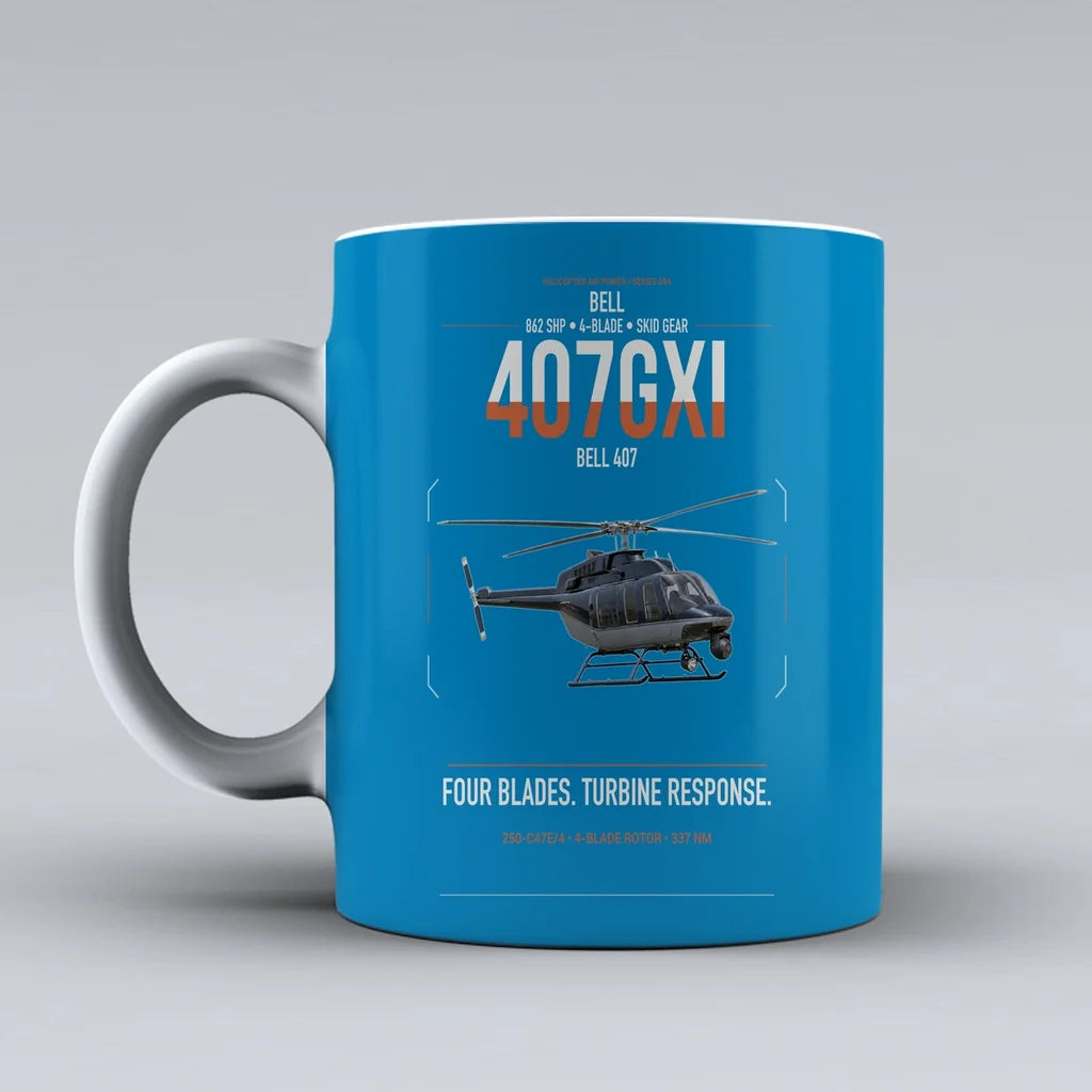 Bell 407GXi design on turquoise ceramic mug, double-side print