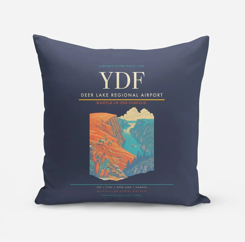Deer Lake Regional Airport (YDF) design on navy blue pillow