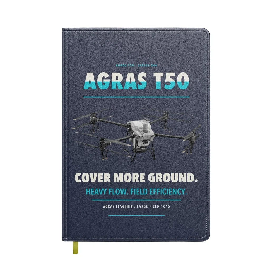 DJI Agras T50 design on navy blue notebook