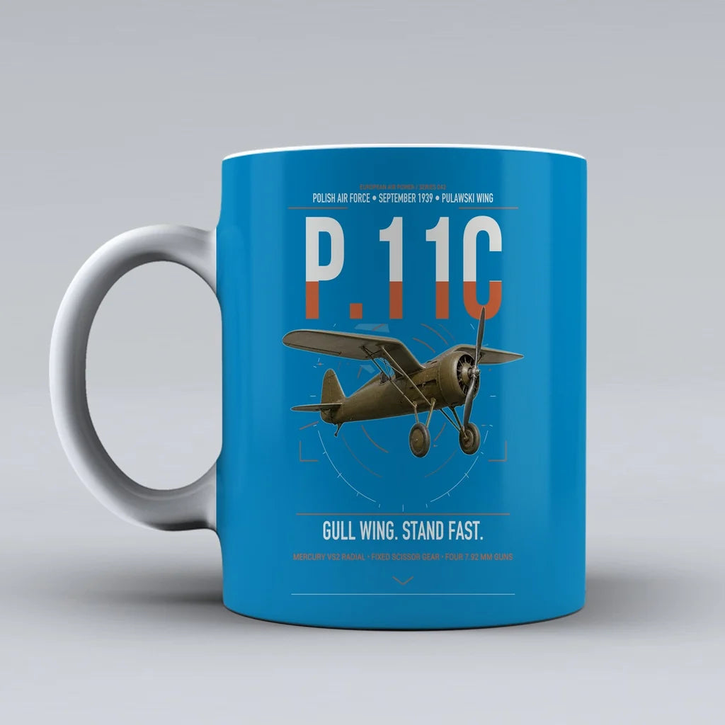 PZL P.11c design on turquoise ceramic mug, double-side print