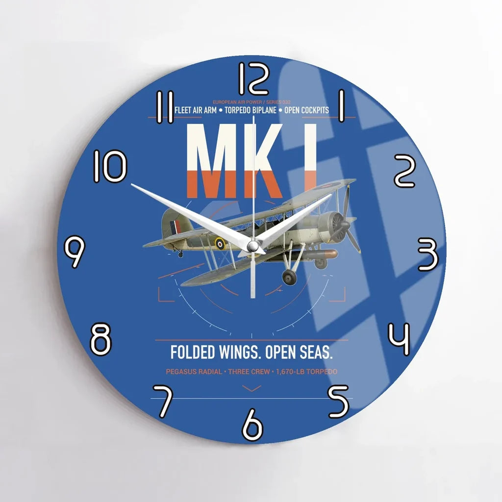 Fairey Swordfish Mk I design on blue no frame wall clock