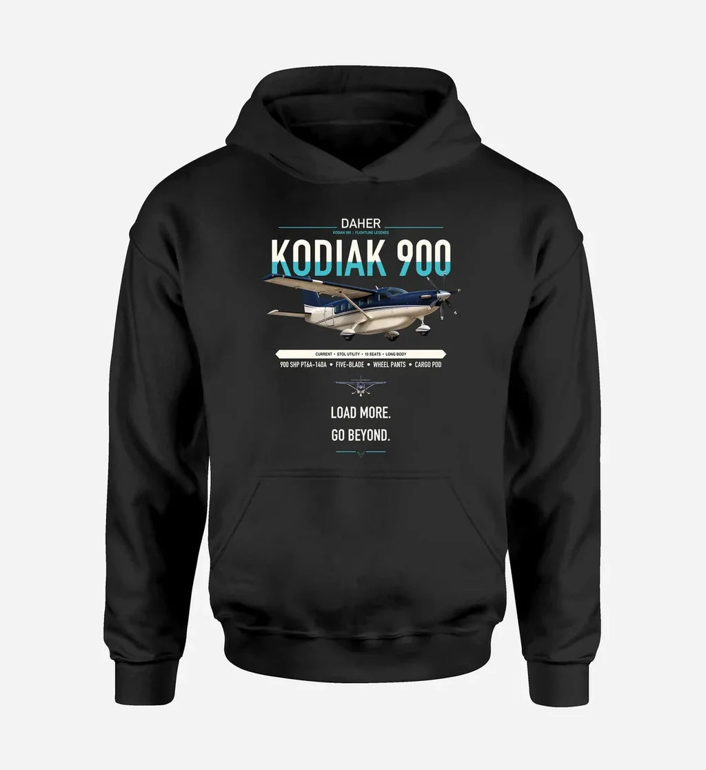 Daher Kodiak 900 design on black double-side hoodie, single-side print