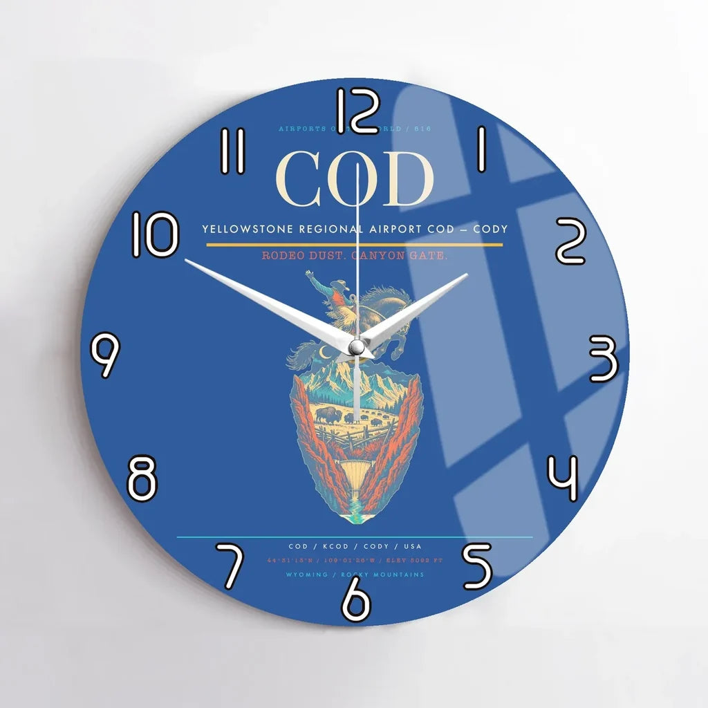Yellowstone Regional Airport (COD) design on blue no frame wall clock
