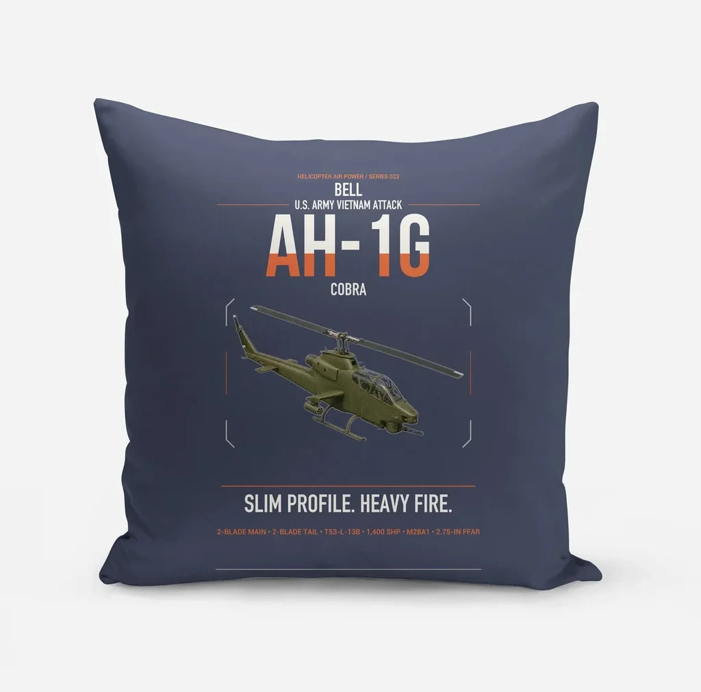 Bell AH-1G Cobra design on navy blue pillow