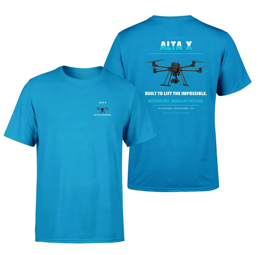 Freefly Alta X design on turquoise t shirt