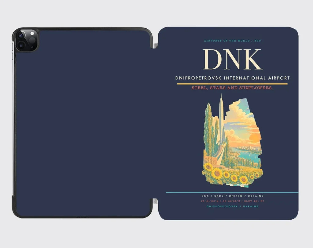 Dnipropetrovsk International Airport (DNK) design on navy blue ipad tablet case