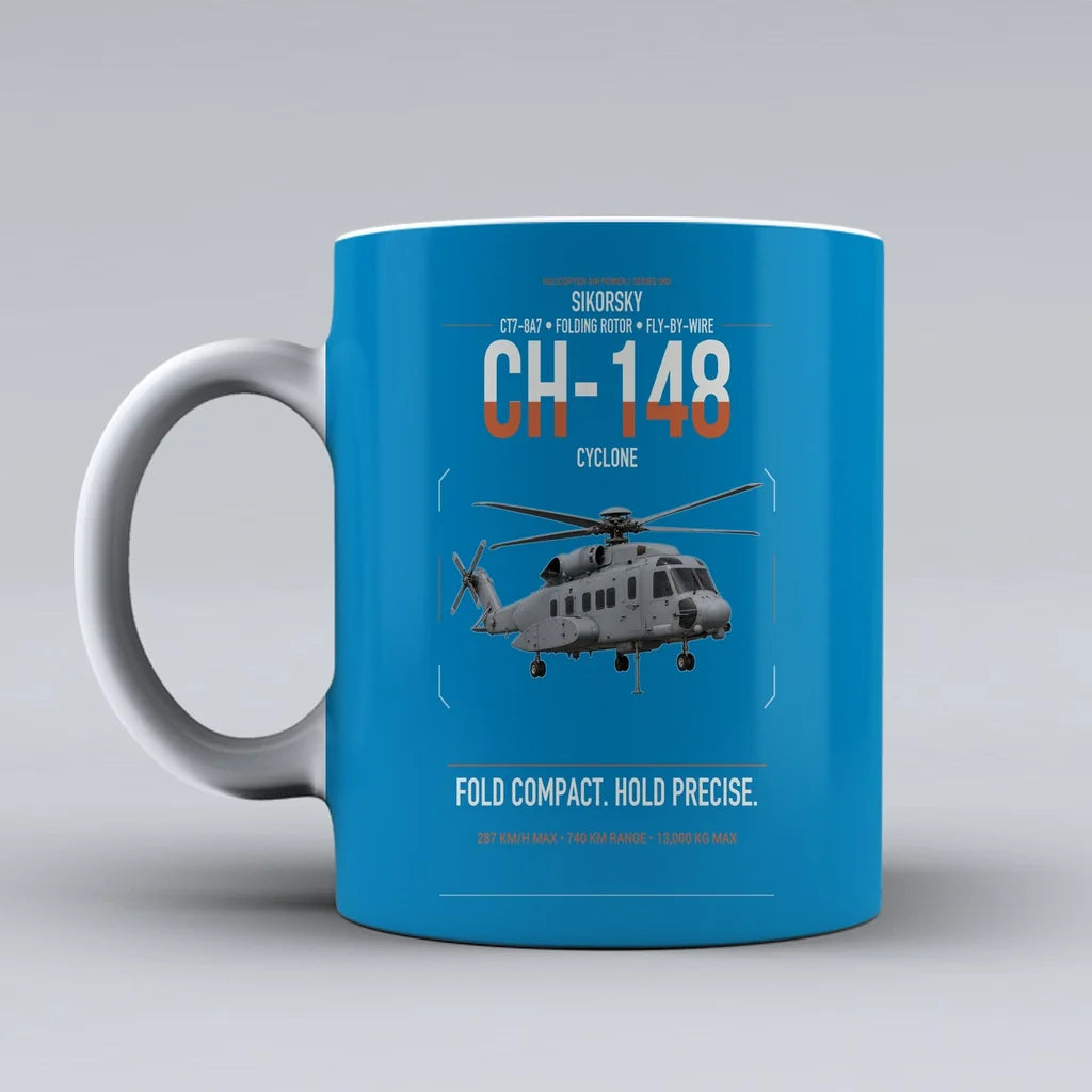 Sikorsky CH-148 Cyclone design on turquoise ceramic mug, double-side print